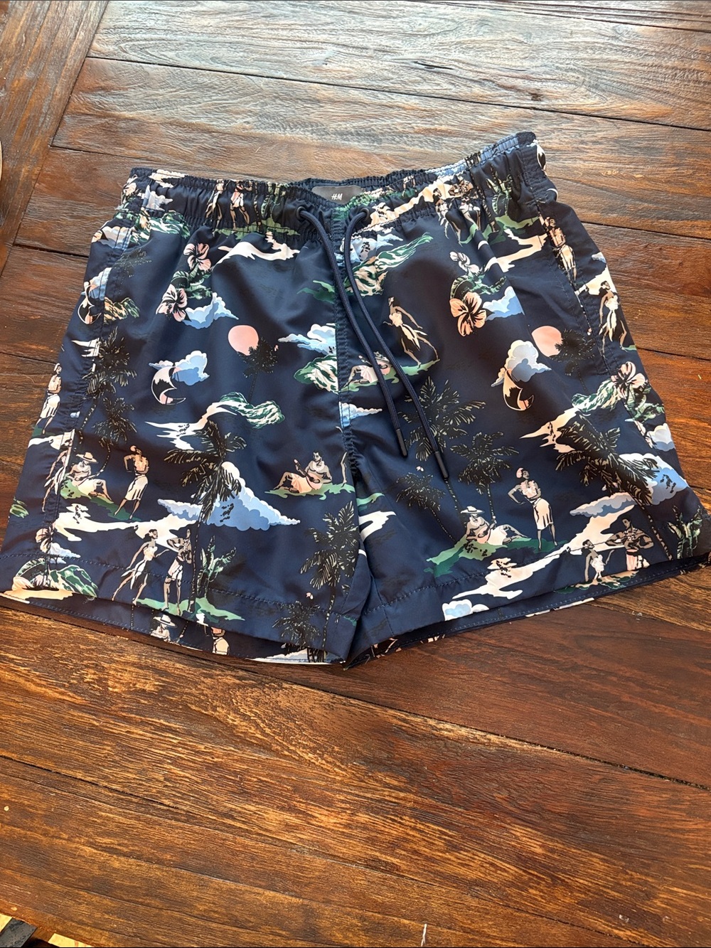 H&M Navy Tropical Scene Swim Trunks